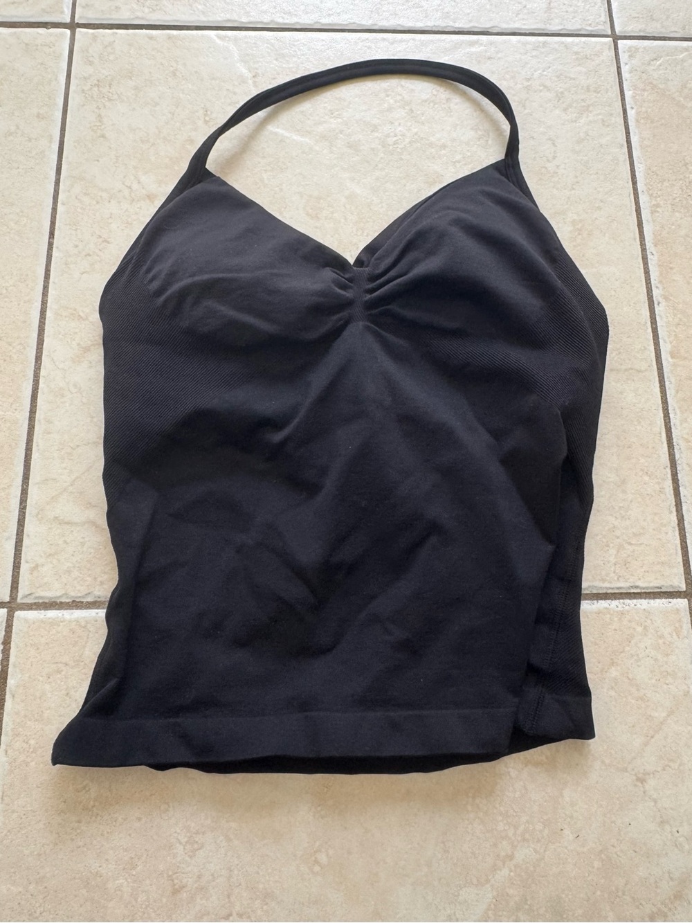 Black halter backless gym top with built in bra